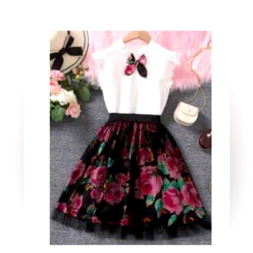 girls bow front ruffle trim top & floral print meah skirt